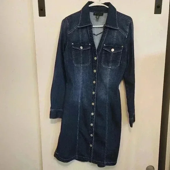 Denim Dress Button Down Long Sleeve Dark Wash Casual Shirt Dress - Picture 3 of 9